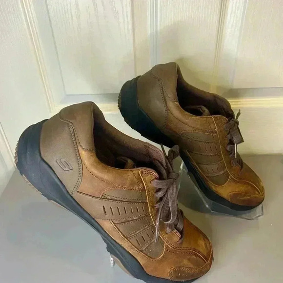 “Skechers” Men’s Air Cooled Relaxed Fit Lace Up Brown Leather Loafers Size 12 👞 - Picture 5 of 12